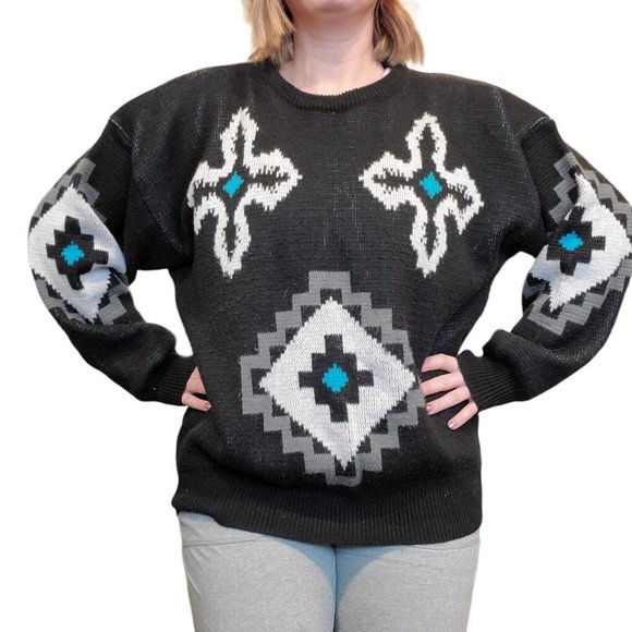 Vintage 90s Mens Black Aztec Southwest Crewneck Sweater Acrylic Sz Large - Picture 1 of 6